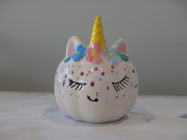 Unicorn Pumpkin with Eyelashes ~ 3.75 in. dia. x 4.25 in. high