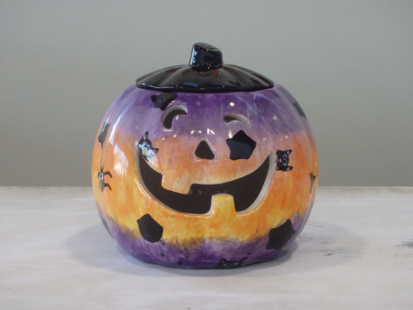 Medium Jolly Eyes Jack-O-Lantern Pumpkin with Lid ~ 5.25 x 5 x 4.25