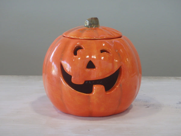 Medium Jolly Eyes Jack-O-Lantern Pumpkin with Lid ~ 5.25 x 5 x 4.25